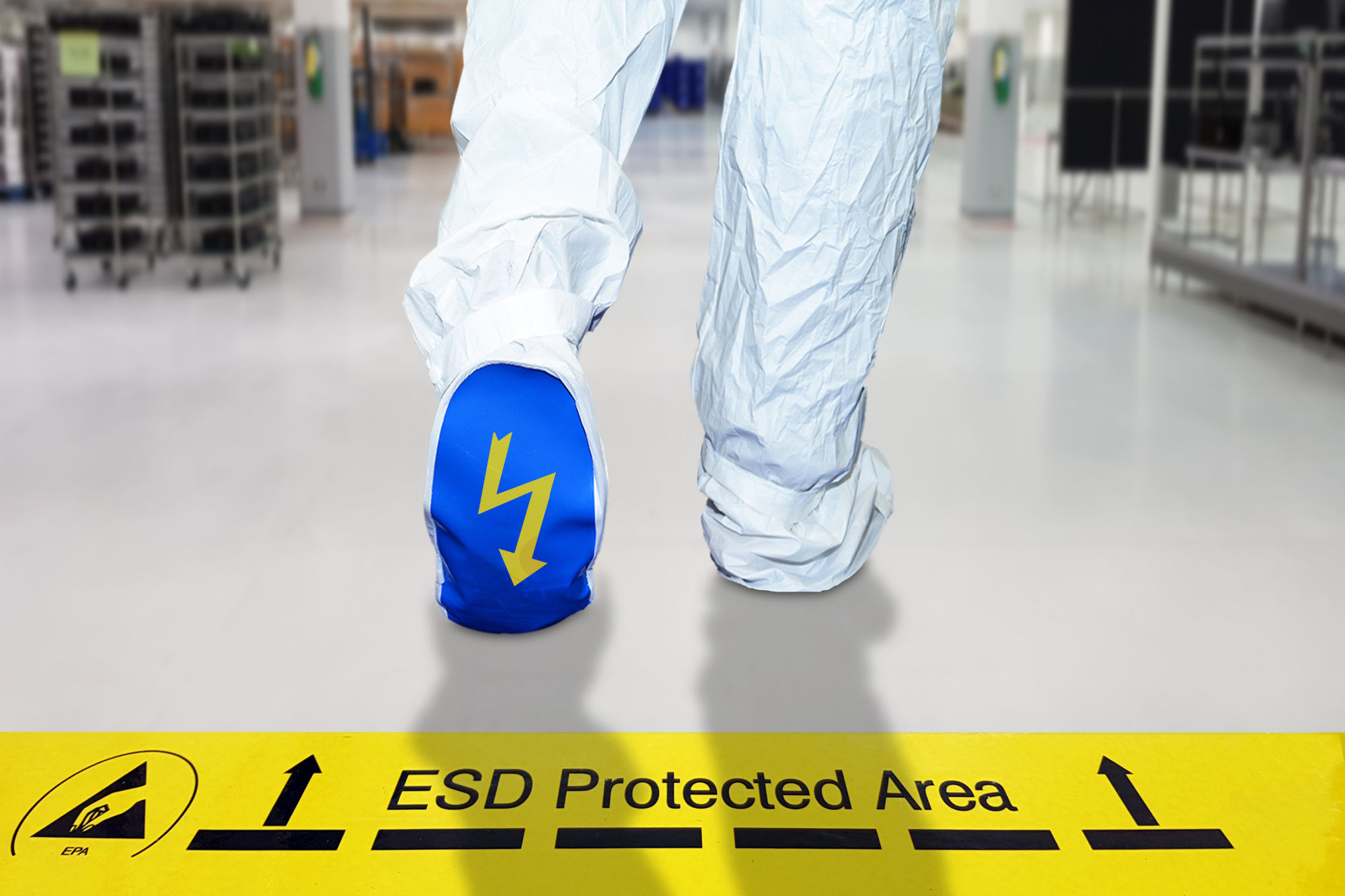 Images of man walking over yellow floor sign with ESD Protected Area on it.